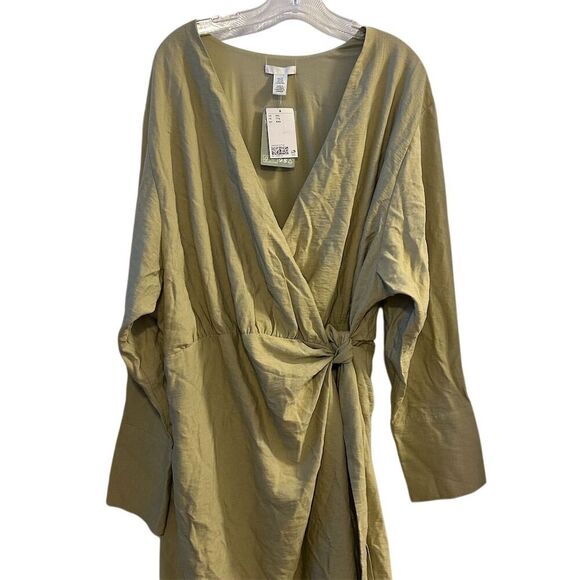H&M Women's Green Wrap V-Neck Knee Length Dress XXL Long Sleeve - Picture 4 of 11